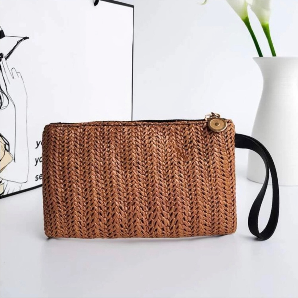 Dark Straw Wristlet With Black Strap